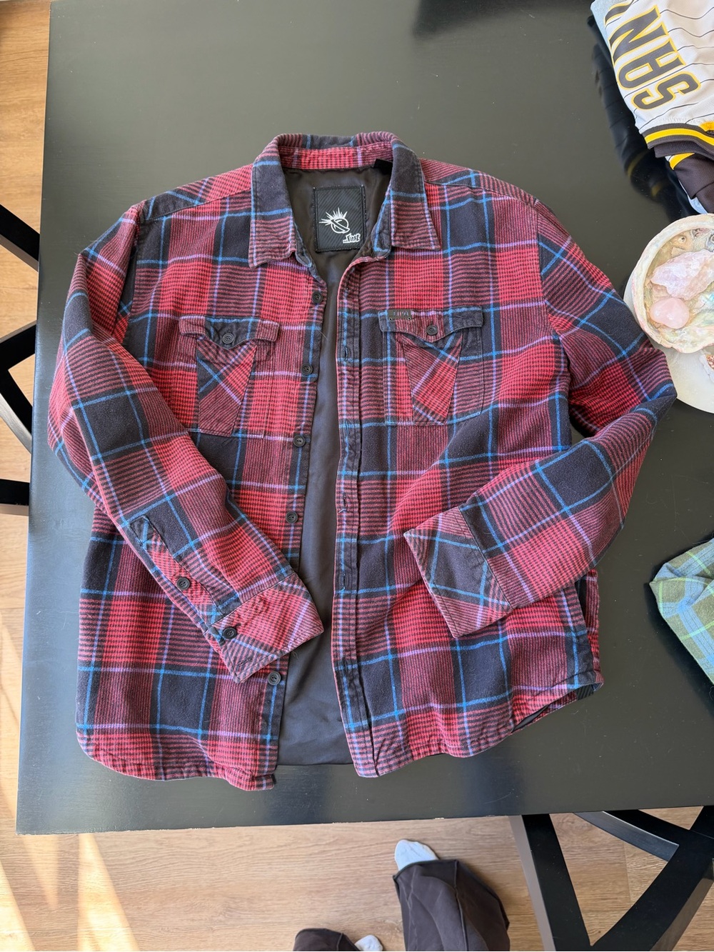 Lost Men's Red and Black Plaid Shirt Jacket with Blue Trim